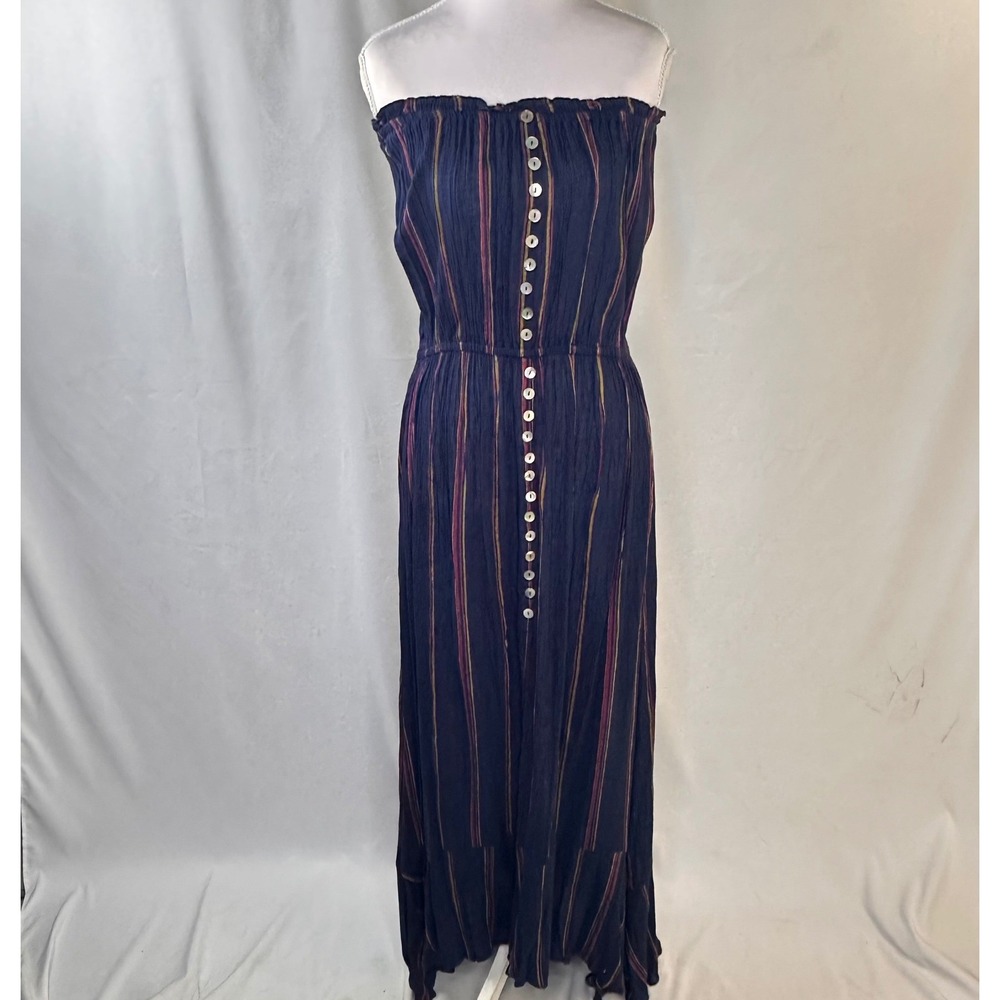 Elan L Strapless Maxi Dress Navy Blue Striped High Low Hem Ruffle Boho Resort